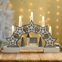 32cm Wooden Star & Village Candlebridge Light Arch