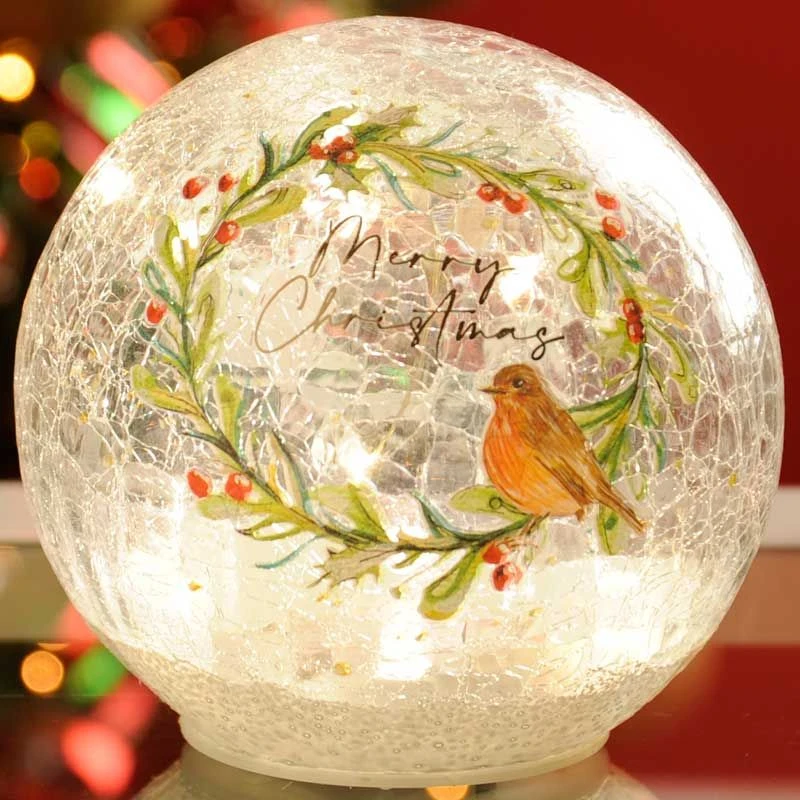 Festive Lit Crackle Effect Ball - Robin Scene 1 Festive Lit Crackle Effect Ball - Robin Scene