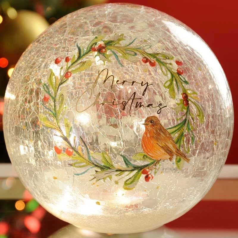 Festive Lit Crackle Effect Ball - Robin Scene 2 Festive Lit Crackle Effect Ball - Robin Scene - Image 2